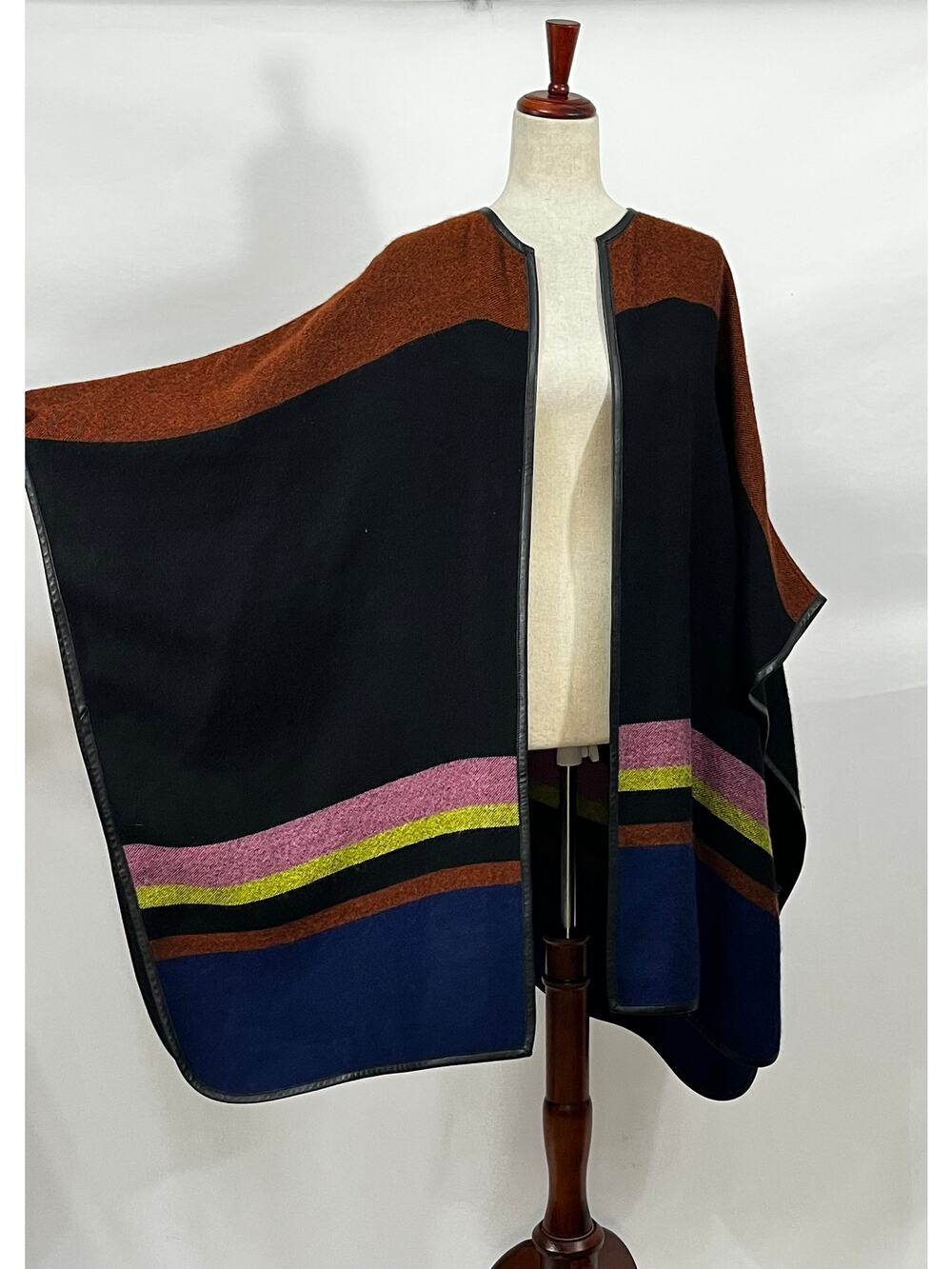 A PEACE TREATY OS S M L Baby Alpaca Leather Trim Poncho Wrap Shawl Sweater